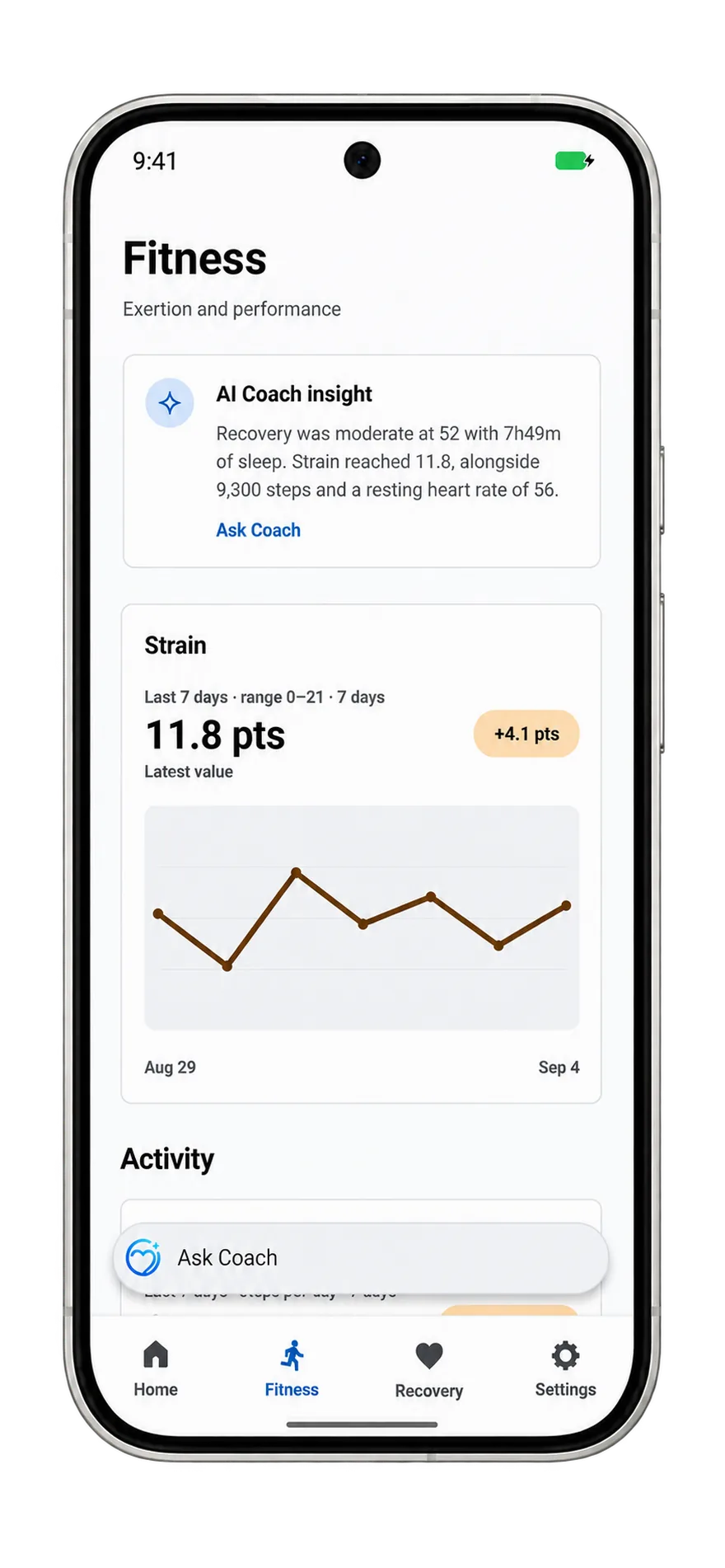 Lepo Fitness screen showing strain in a Pixel 10 Pro